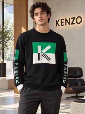 KENZO K Logo Color Block Crewneck Sweater Black Green White Men’s M